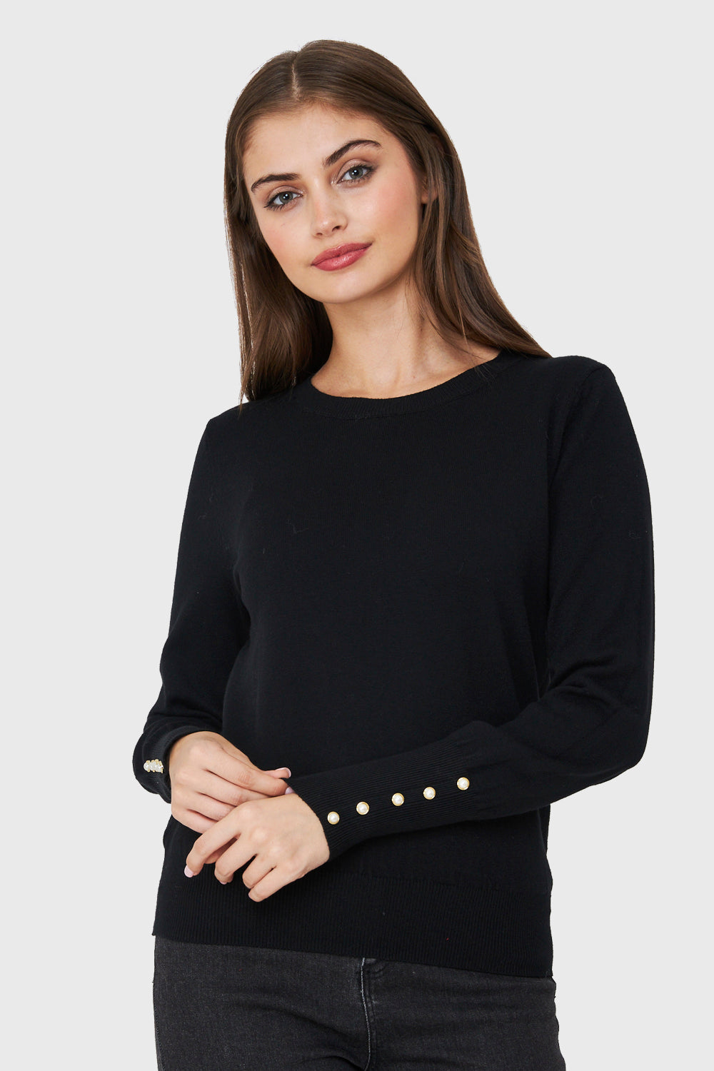 Sweater Punto Fino Detalles Perlas Negro