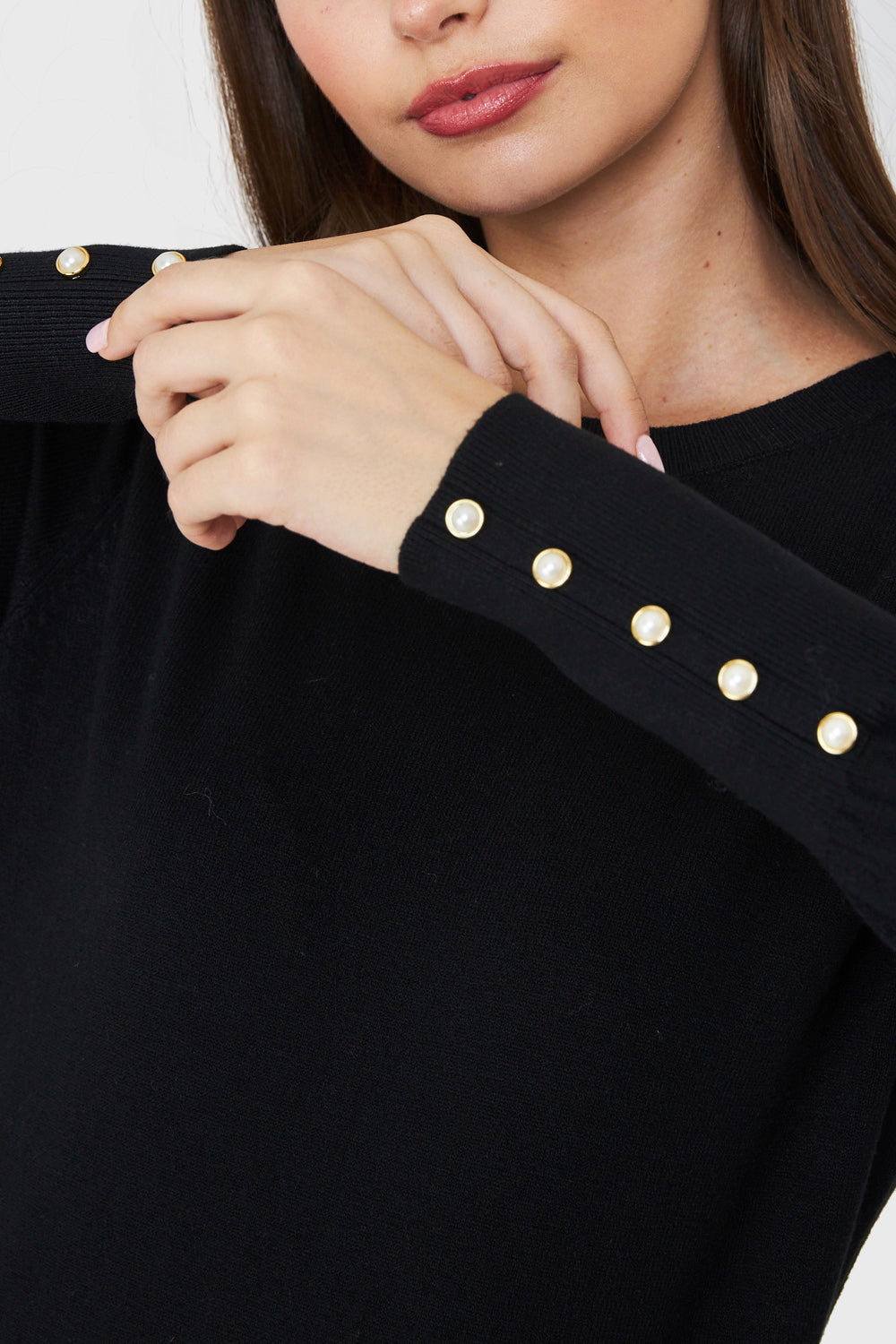 Sweater Punto Fino Detalles Perlas Negro