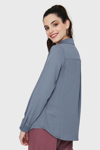 Blusa Básica Botonera Invisible Azul Acero