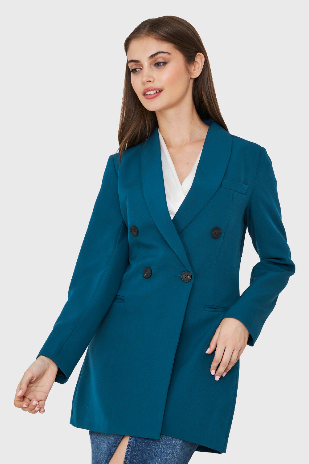 Blazer Cuatro Botones Largo Azul Verdoso