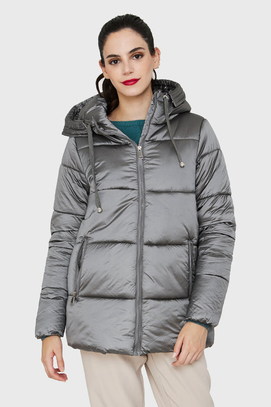 Parka Corta Metalizada Gorro Gris