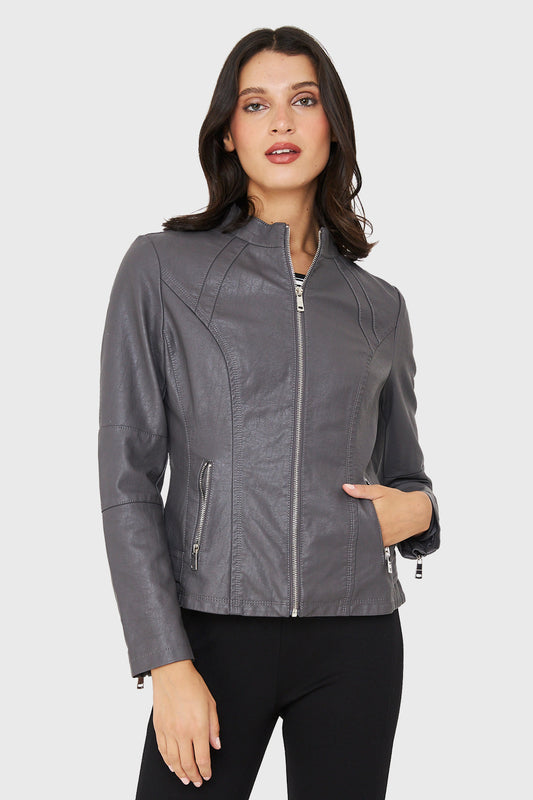 Chaqueta Mao Ecocuero Gris