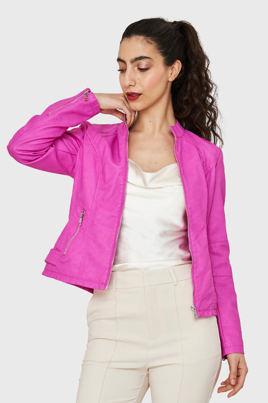 Chaqueta Cuello Mao Ecocuero Rosa Chicle