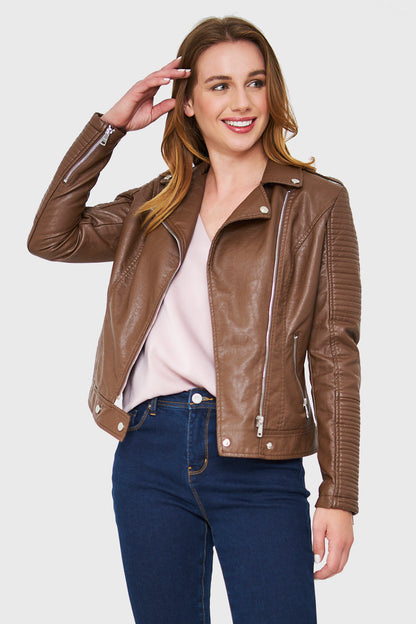 Chaqueta Tipo Biker Ecocuero Café