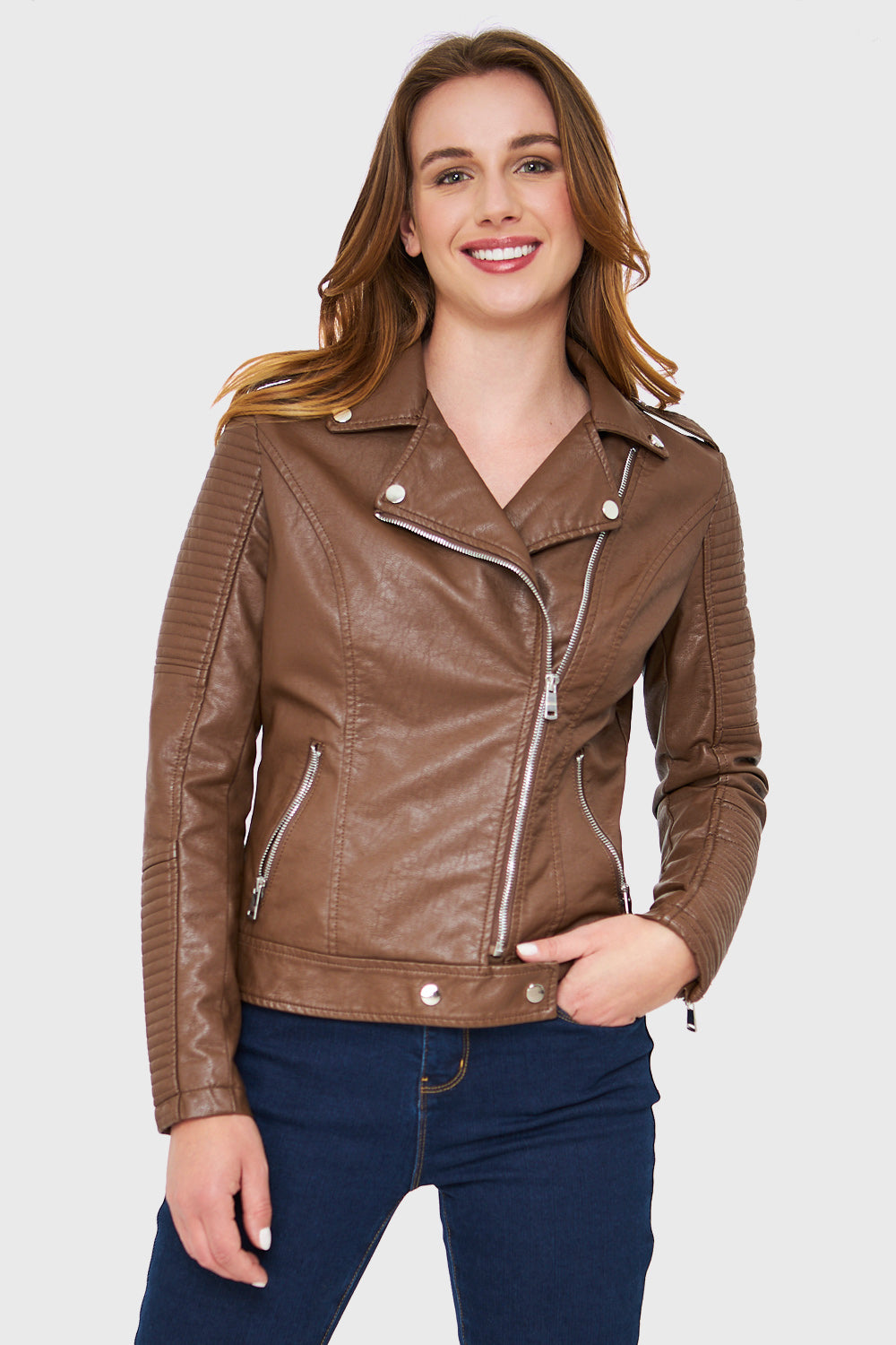 Chaqueta Tipo Biker Ecocuero Café