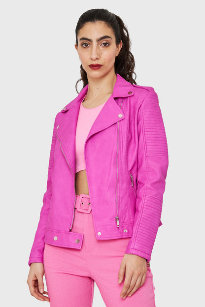 Chaqueta Tipo Biker Ecocuero Rosa Chicle