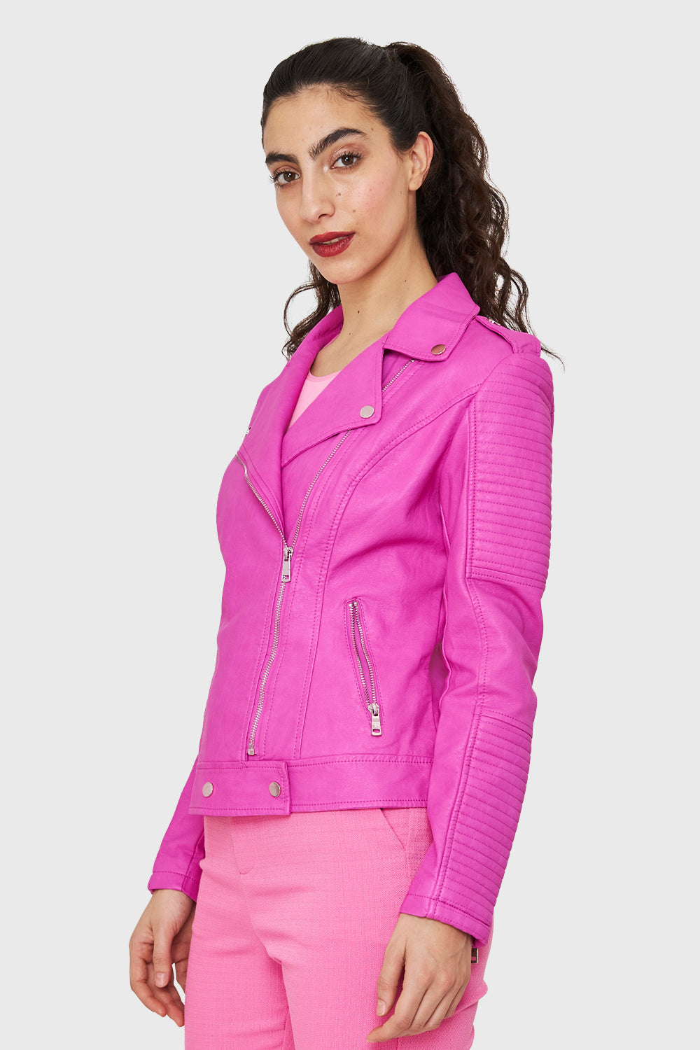 Chaqueta Tipo Biker Ecocuero Rosa Chicle