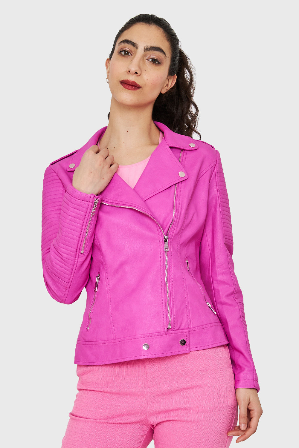 Chaqueta Tipo Biker Ecocuero Rosa Chicle