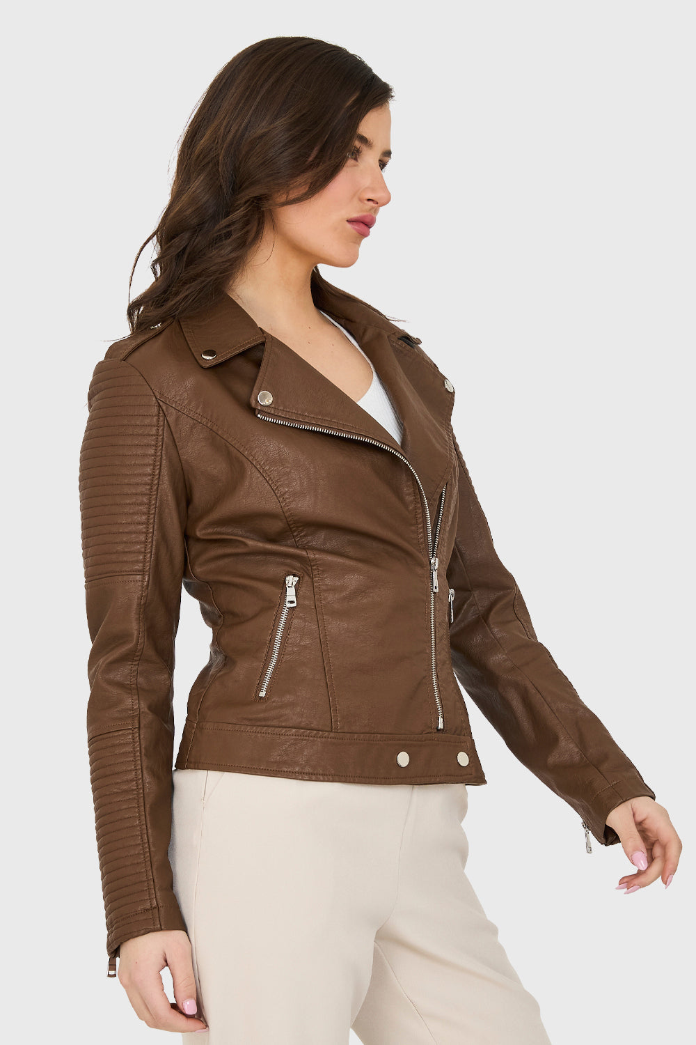 Chaqueta Ecocuero Tipo Biker Café