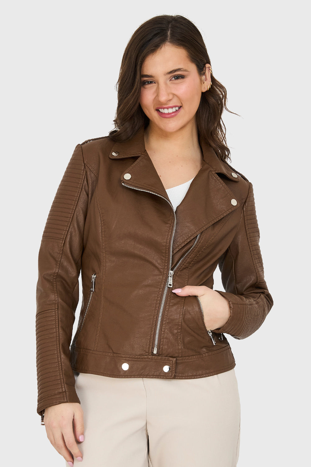 Chaqueta Ecocuero Tipo Biker Café