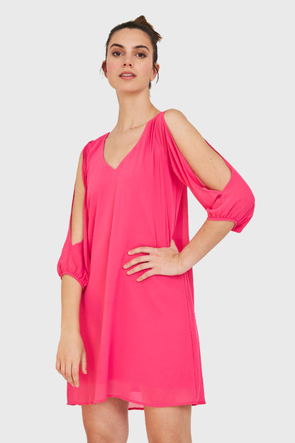 Vestido Aberturas Mangas Fucsia