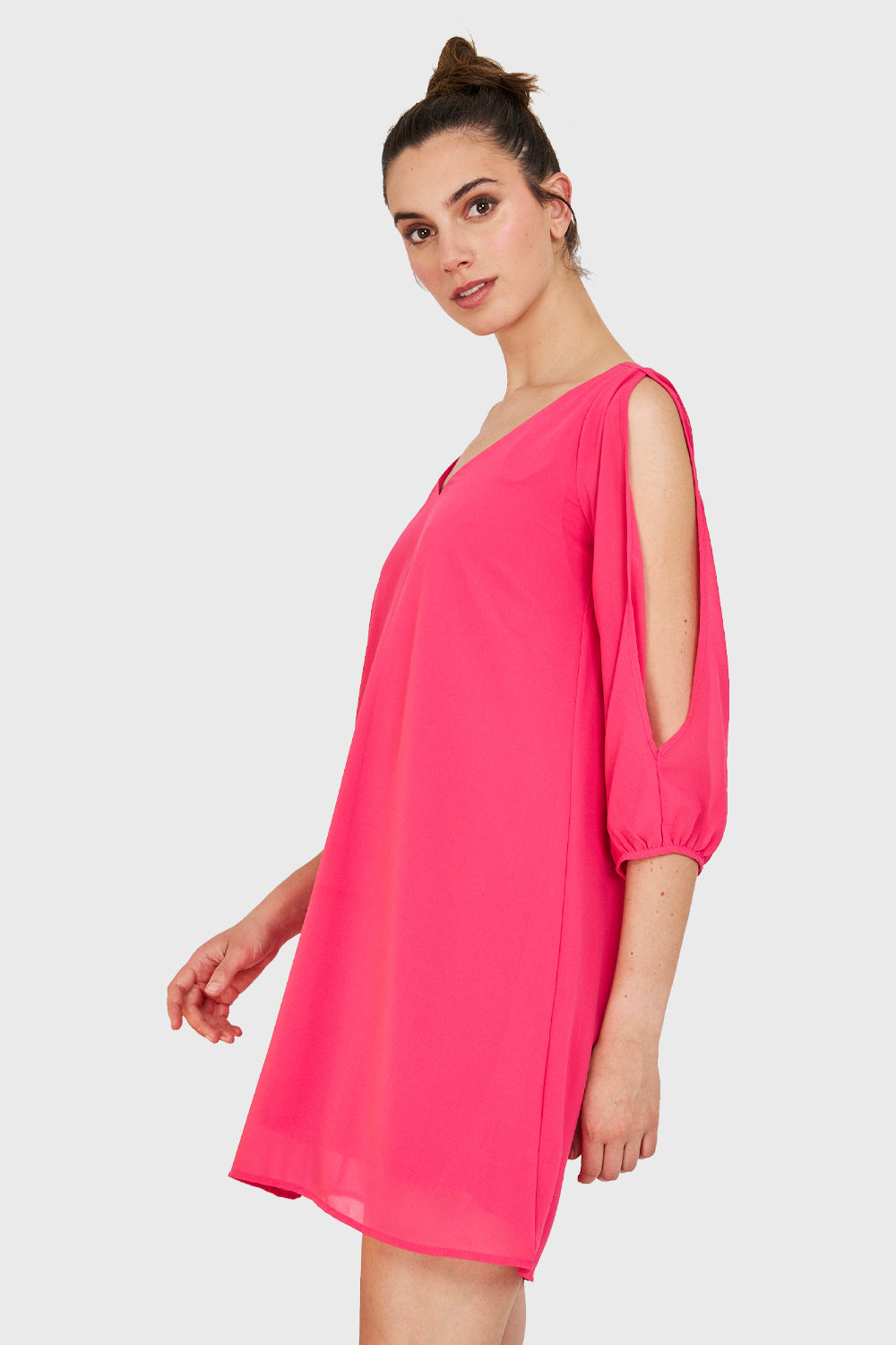 Vestido Aberturas Mangas Fucsia