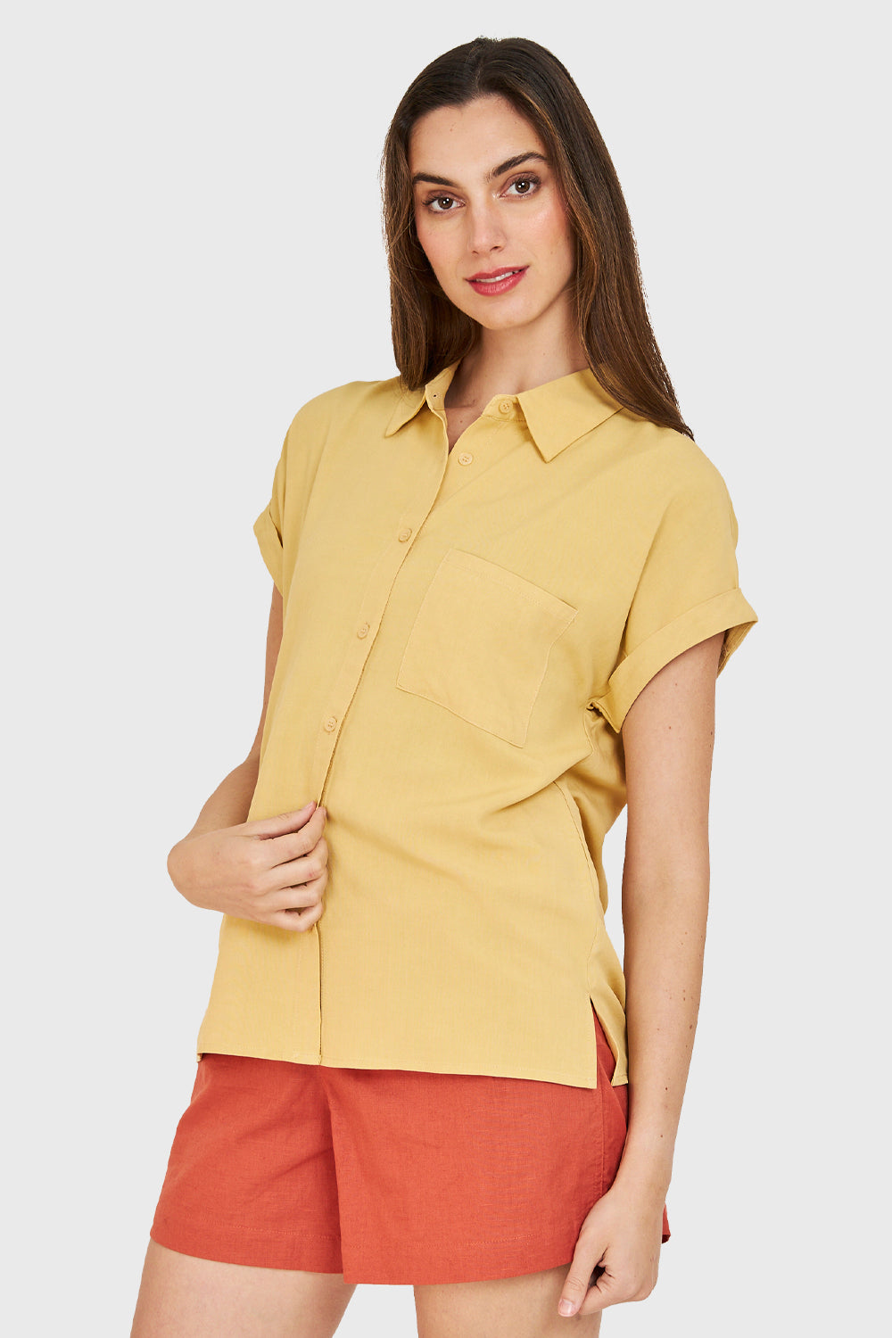 Camisa Manga Corta Con Dobladillo Amarillo