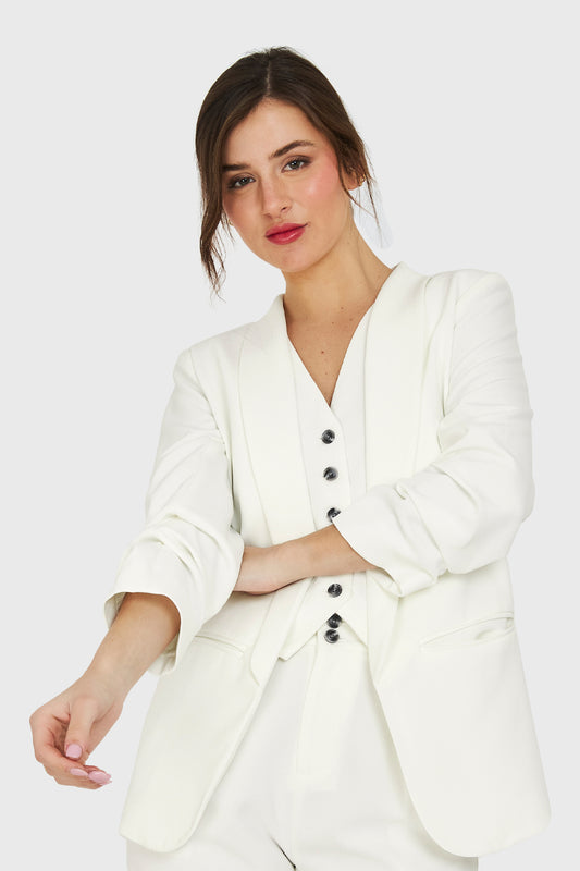 Blazer Manga 3/4 Ajustada Con Pliegues Blanco