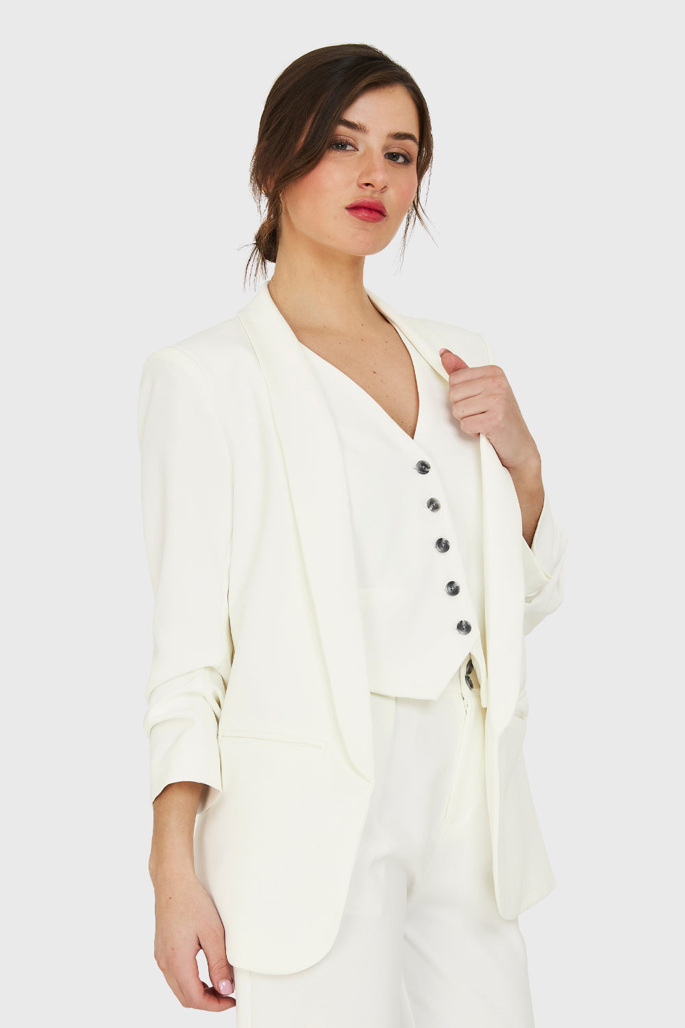 Blazer Manga 3/4 Ajustada Con Pliegues Blanco