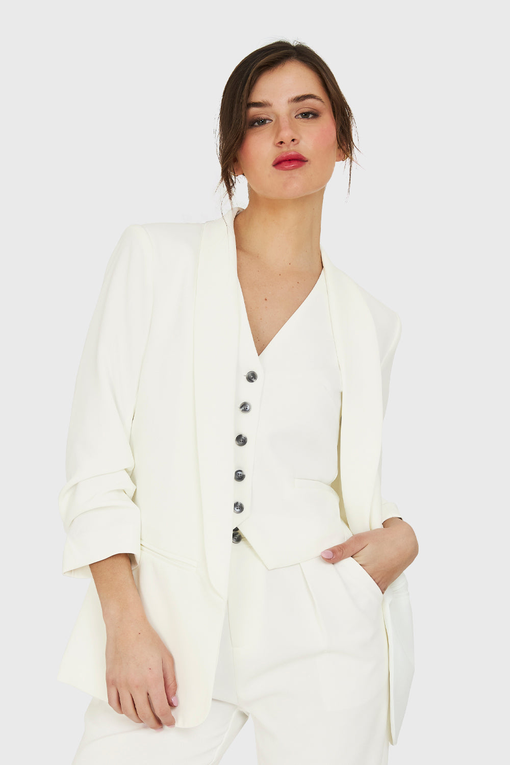 Blazer Manga 3/4 Ajustada Con Pliegues Blanco