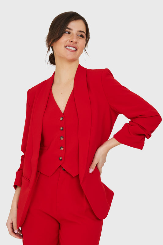 Blazer Manga 3/4 Ajustada Con Pliegues Rojo