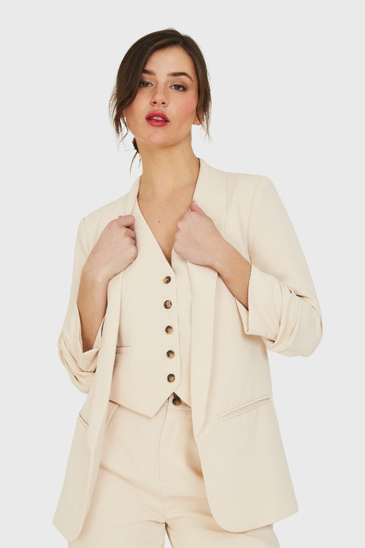 Blazer Manga 3/4 Ajustada Con Pliegues Beige