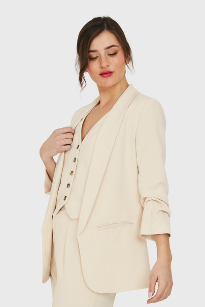 Blazer Manga 3/4 Ajustada Con Pliegues Beige