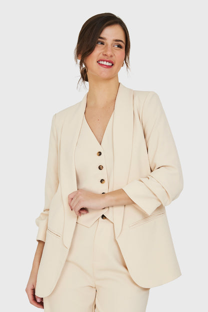 Blazer Manga 3/4 Ajustada Con Pliegues Beige