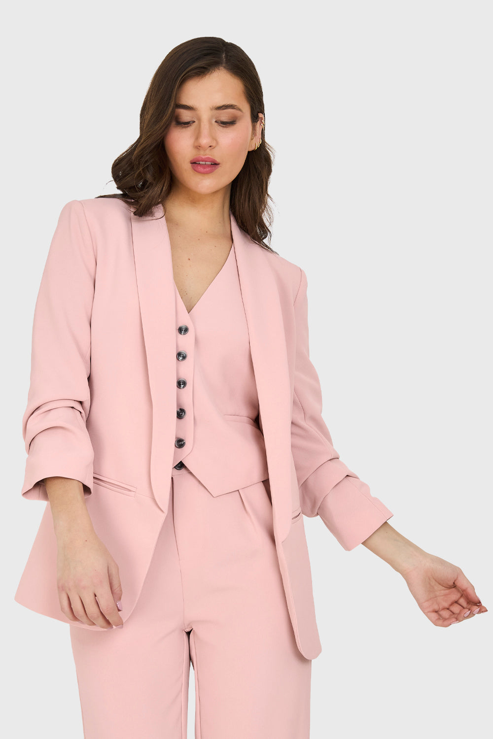 Blazer Manga 3/4 Ajustada Con Pliegues Rosado