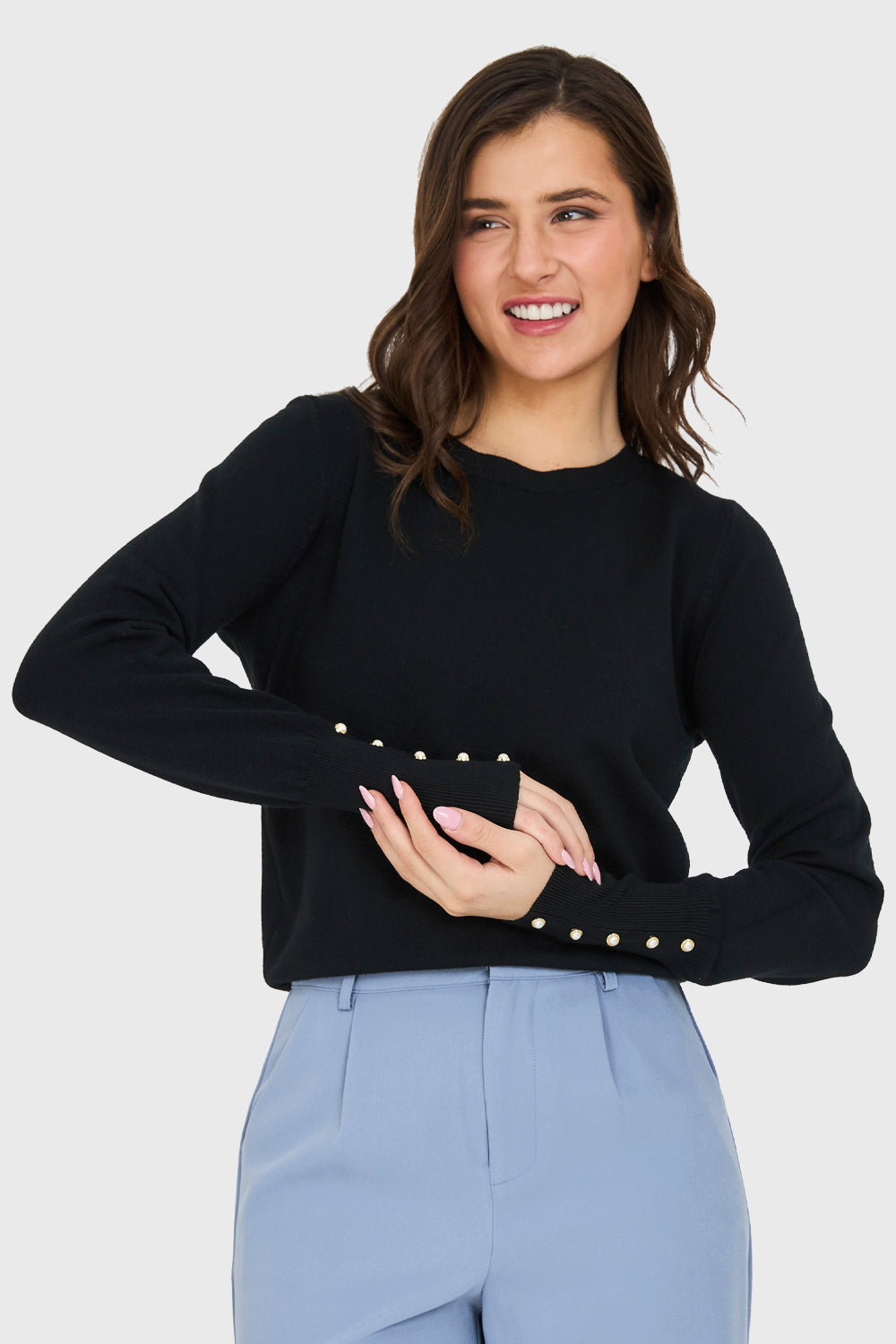 Sweater Delgado Detalles Perlas Negro