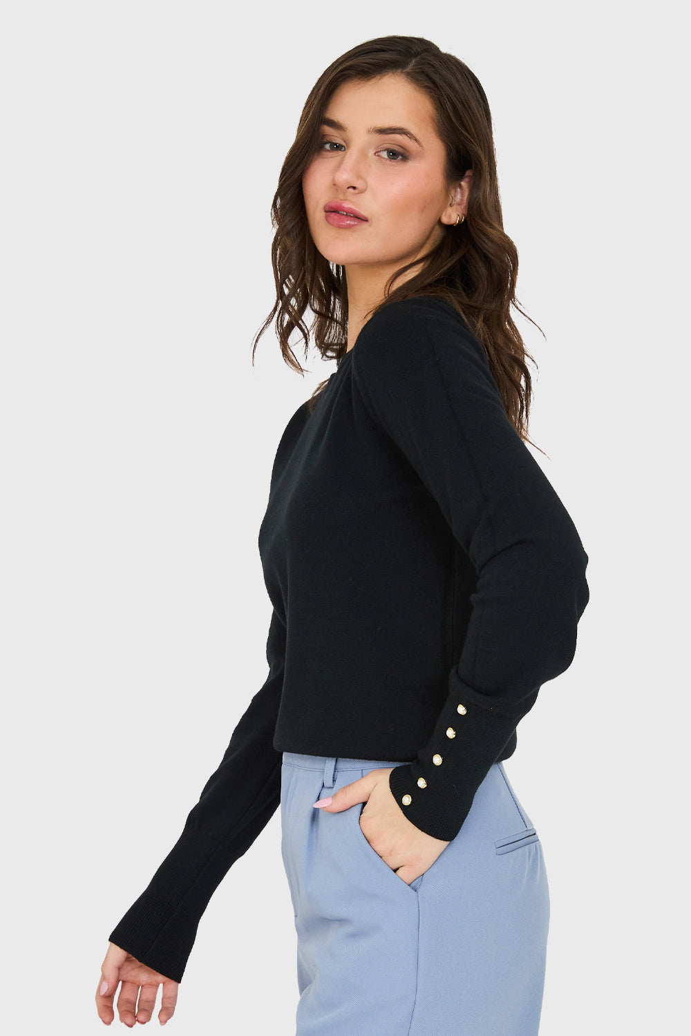 Sweater Delgado Detalles Perlas Negro