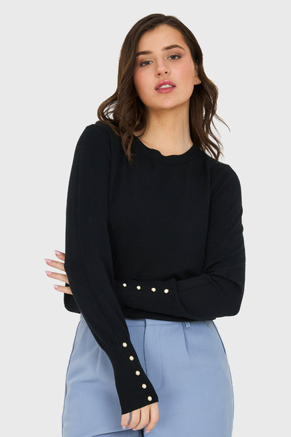 Sweater Delgado Detalles Perlas Negro