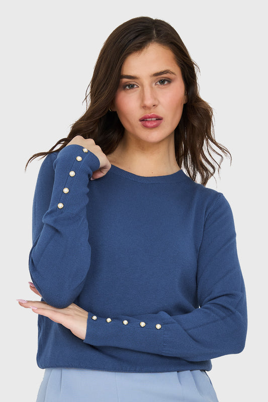 Sweater Delgado Detalles Perlas Azul Índigo