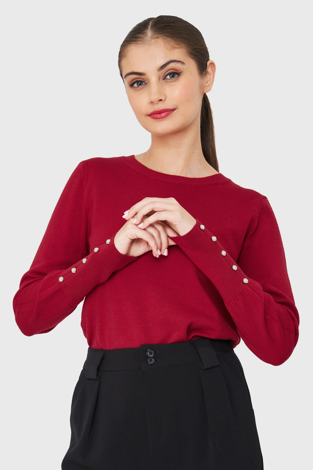 Sweater Punto Fino Detalles Perlas Rojo