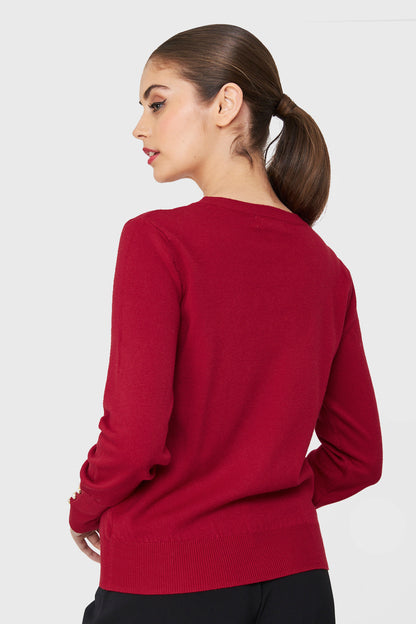 Sweater Punto Fino Detalles Perlas Rojo