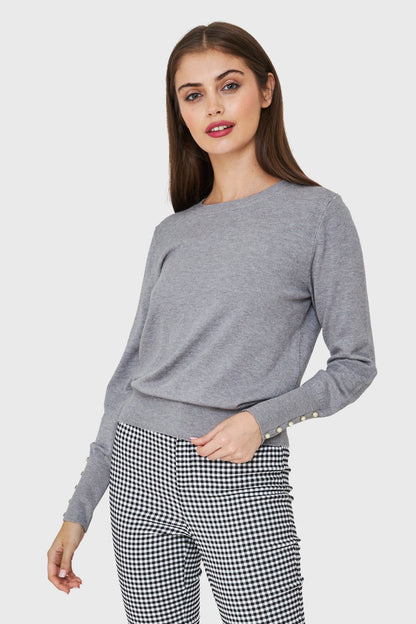 Sweater Punto Fino Detalles Perlas Gris