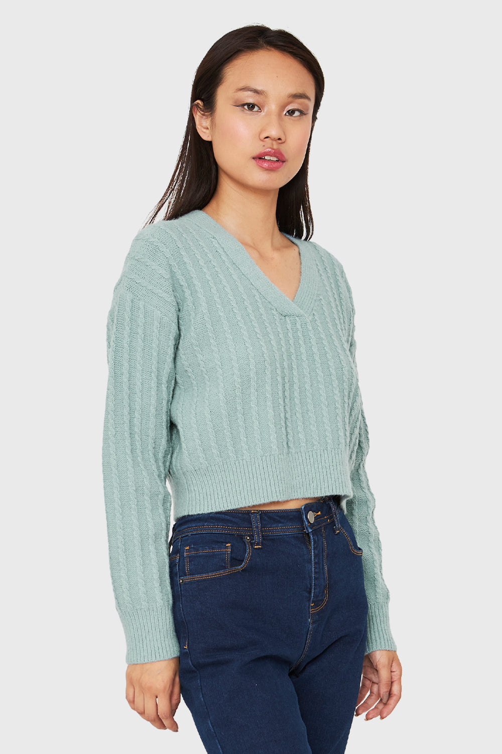 Sweater Crop Cuello V Celeste