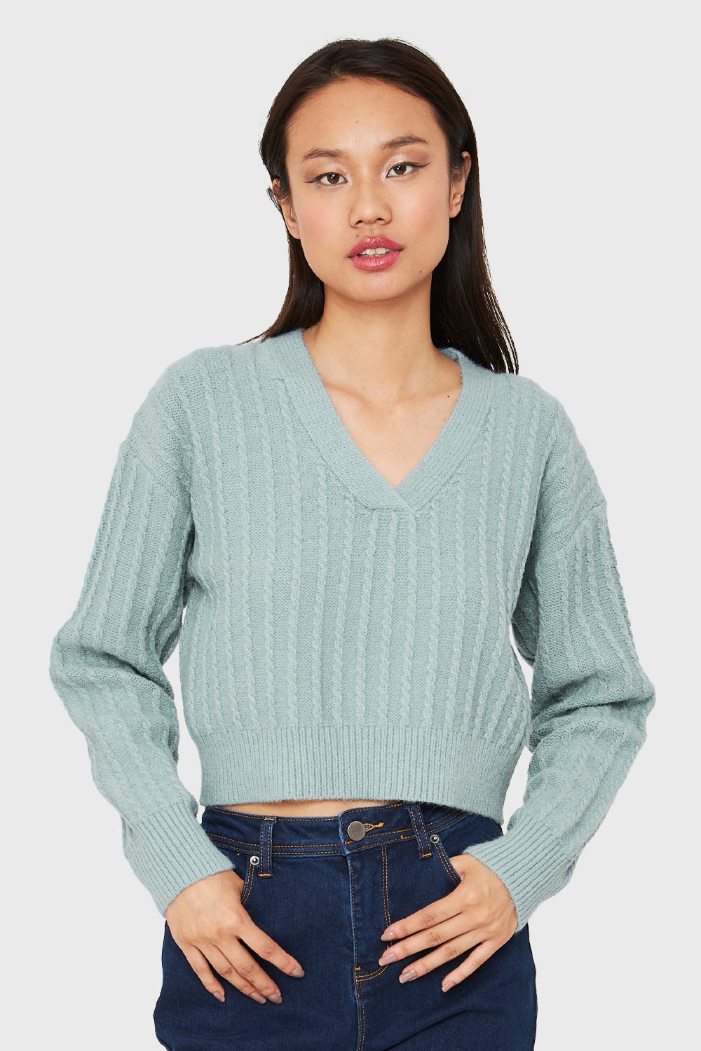 Sweater Crop Cuello V Celeste