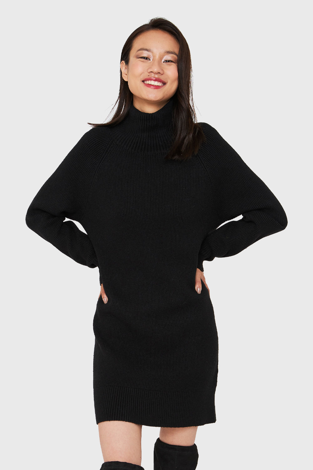 Sweater Vestido Acanalado Cuello Alto Negro