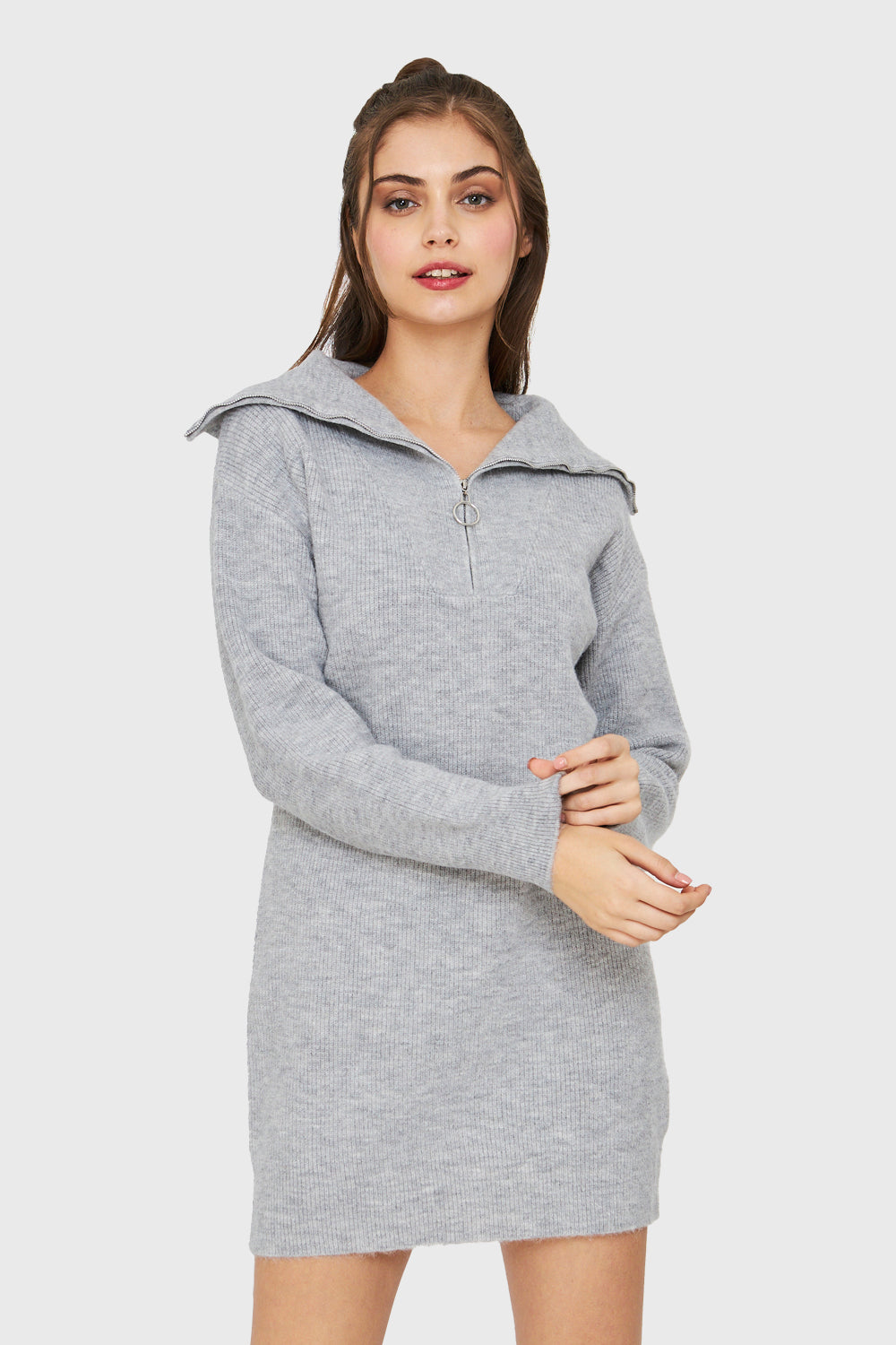 Sweater Vestido Cuello Con Cierre Gris