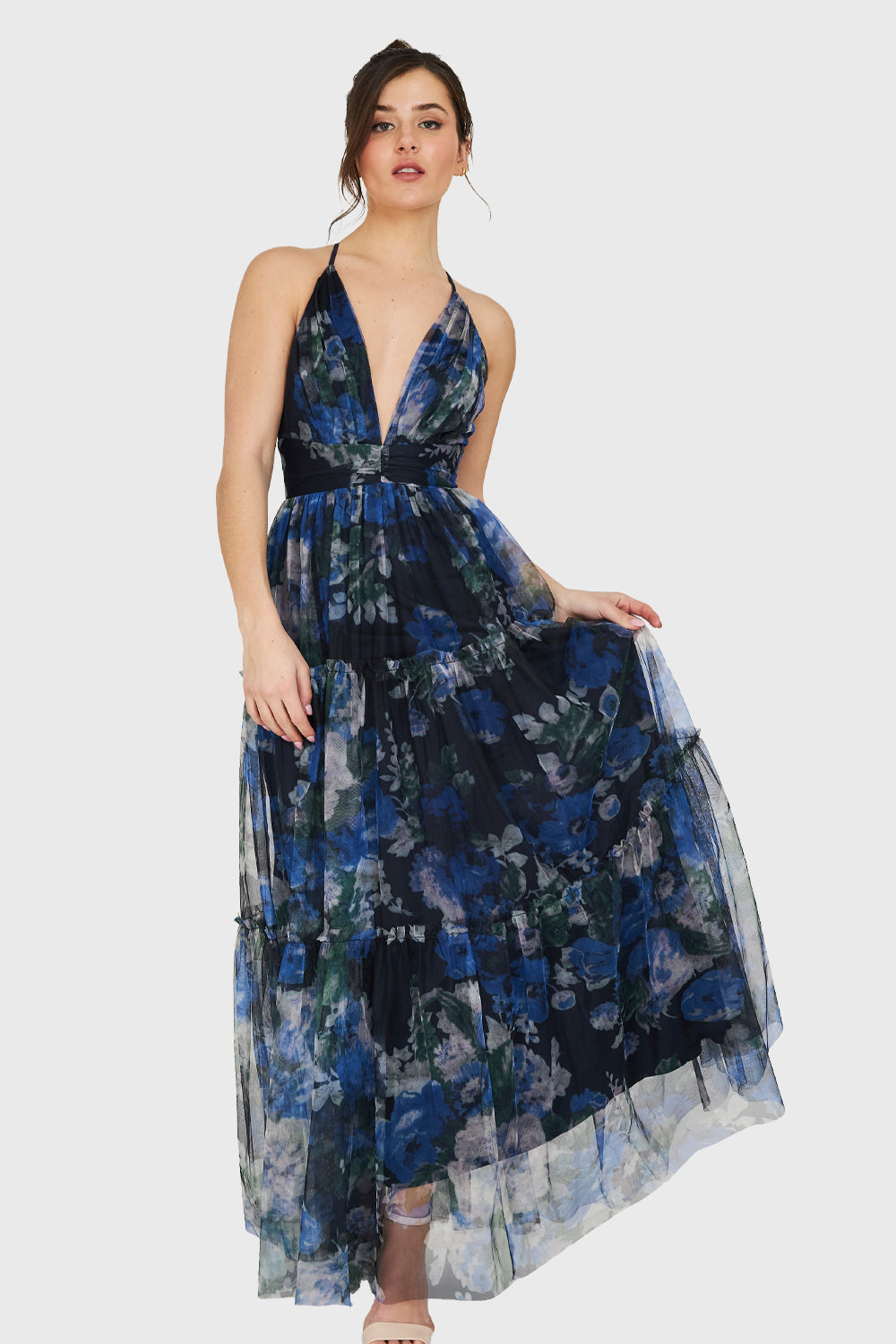 Maxi Vestido Corte Imperio Floral Azul