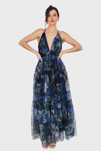 Maxi Vestido Corte Imperio Floral Azul