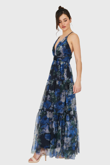 Maxi Vestido Corte Imperio Floral Azul