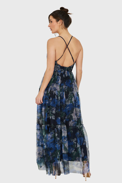 Maxi Vestido Corte Imperio Floral Azul