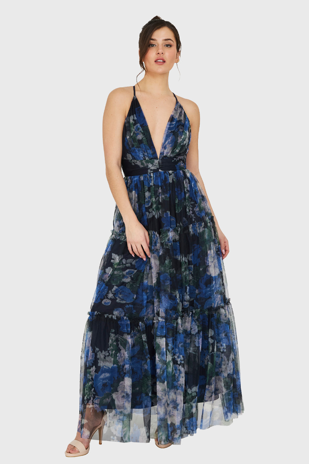 Maxi Vestido Corte Imperio Floral Azul