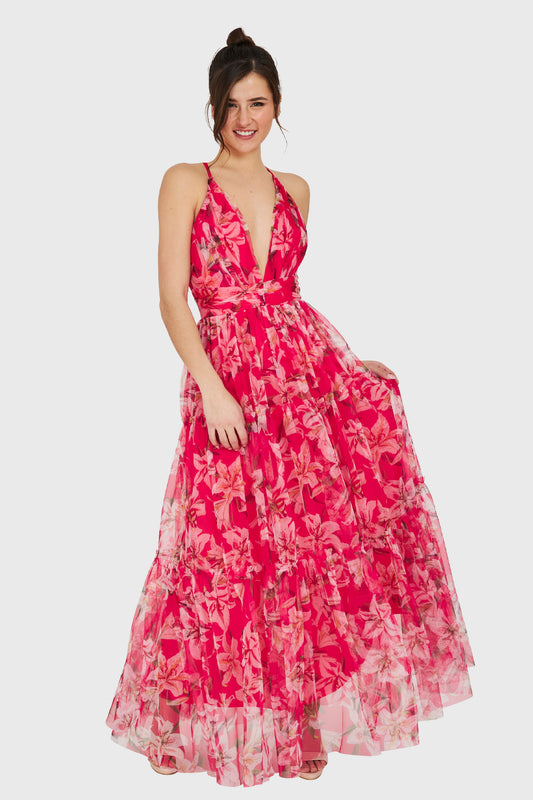 Maxi Vestido Corte Imperio Floral Fucsia