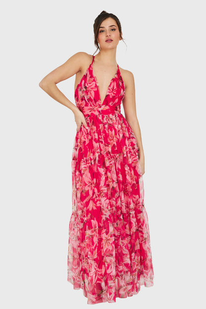 Maxi Vestido Corte Imperio Floral Fucsia