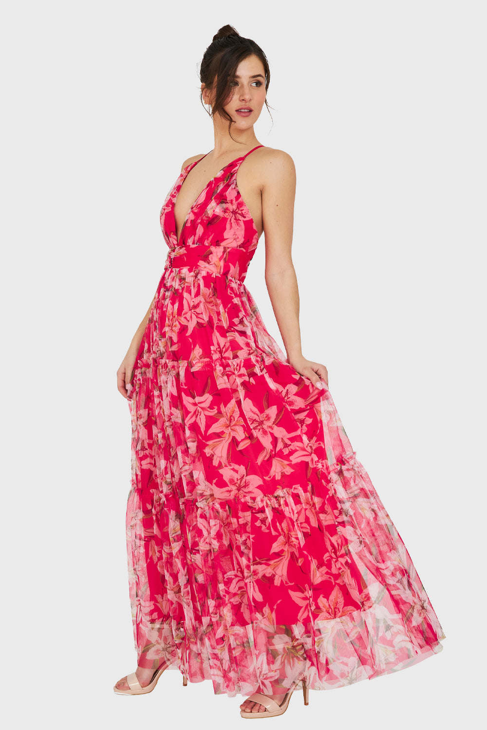 Maxi Vestido Corte Imperio Floral Fucsia