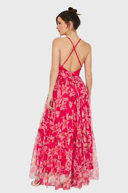 Maxi Vestido Corte Imperio Floral Fucsia