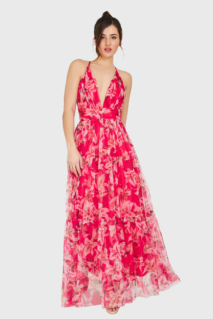 Maxi Vestido Corte Imperio Floral Fucsia