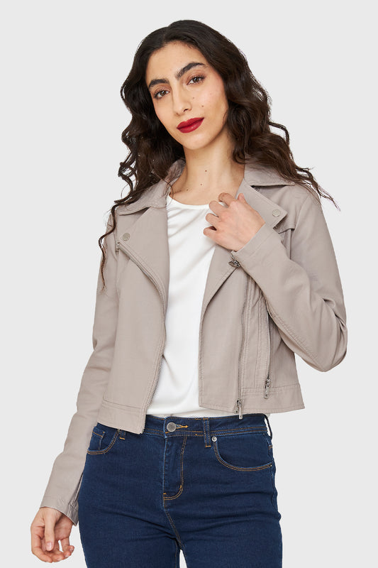 Chaqueta Biker Corta Ecocuero Khaki