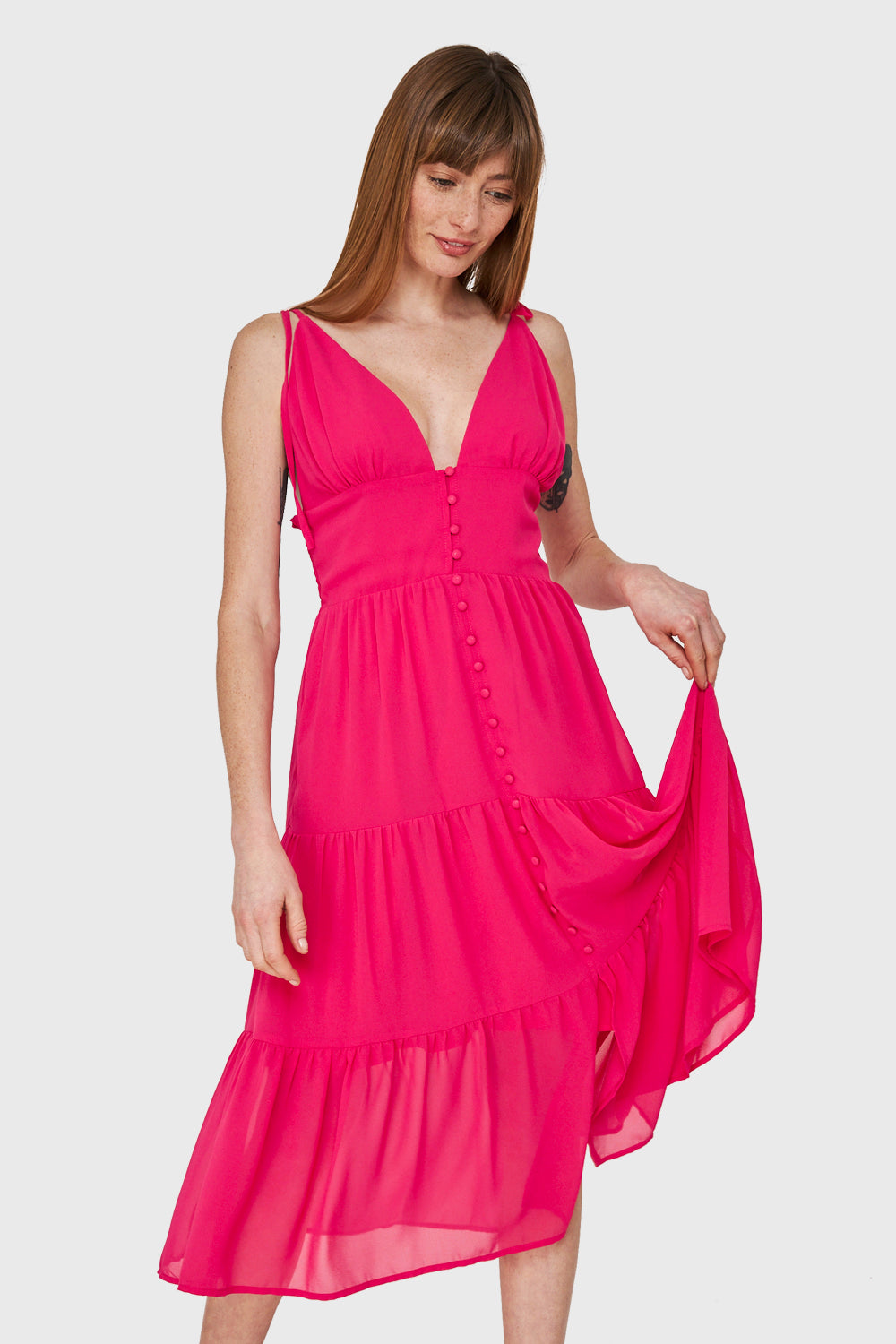 Vestido Faldón Con Volantes Fucsia