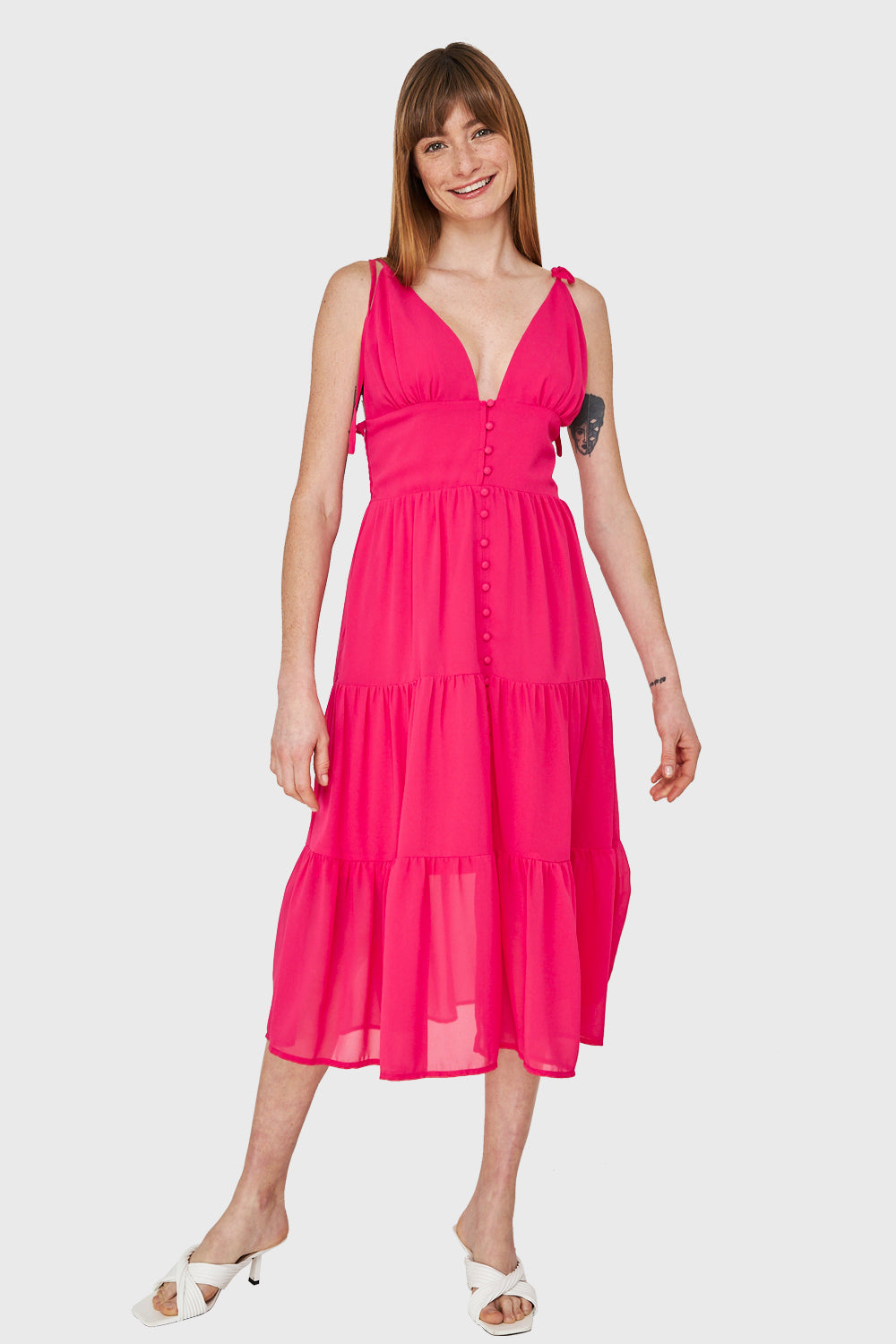 Vestido Faldón Con Volantes Fucsia