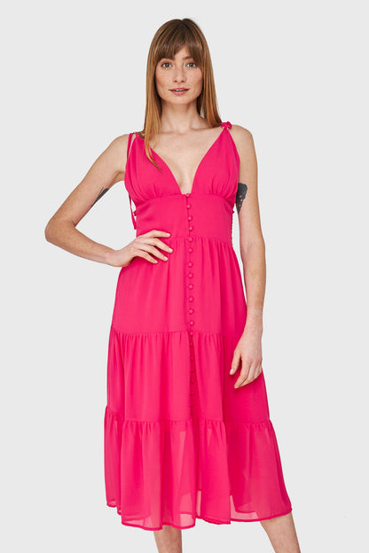 Vestido Faldón Con Volantes Fucsia